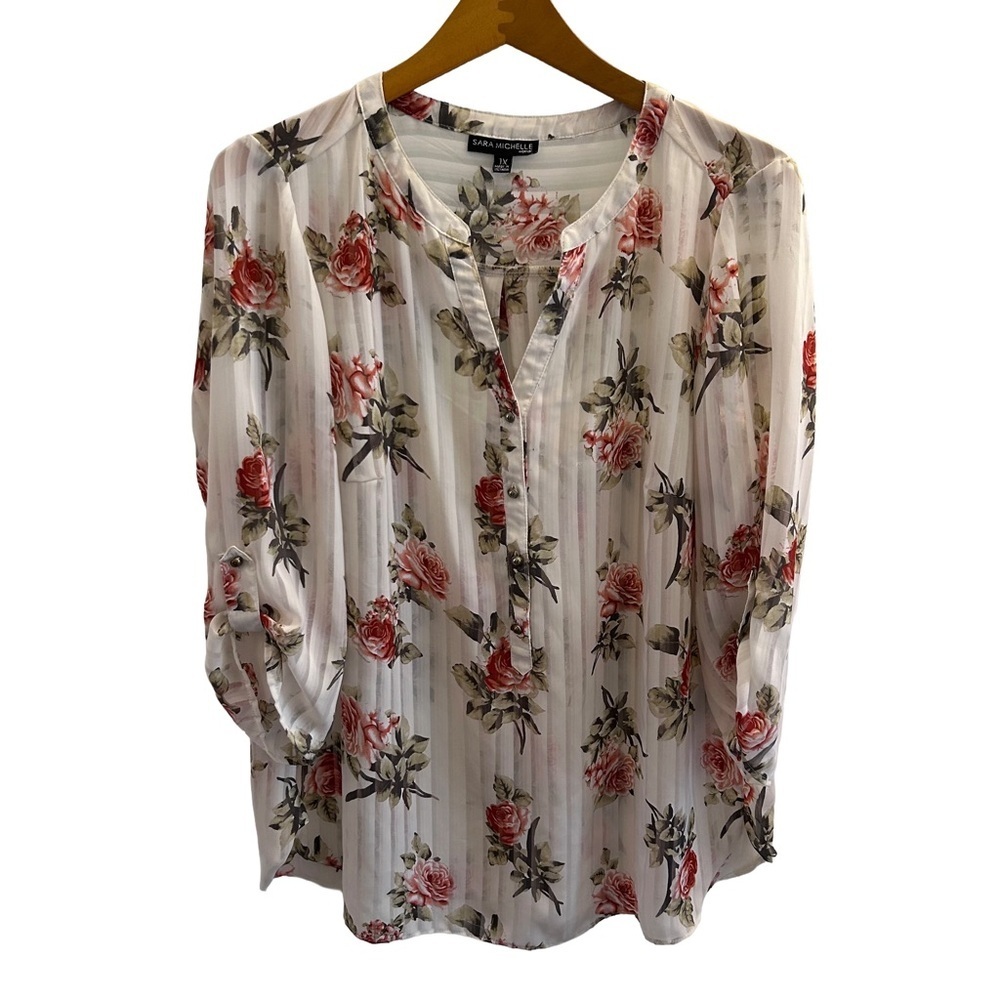 Sara Michelle Romantic Cottagecore Sheer Floral Blouse - Rose Print 1X